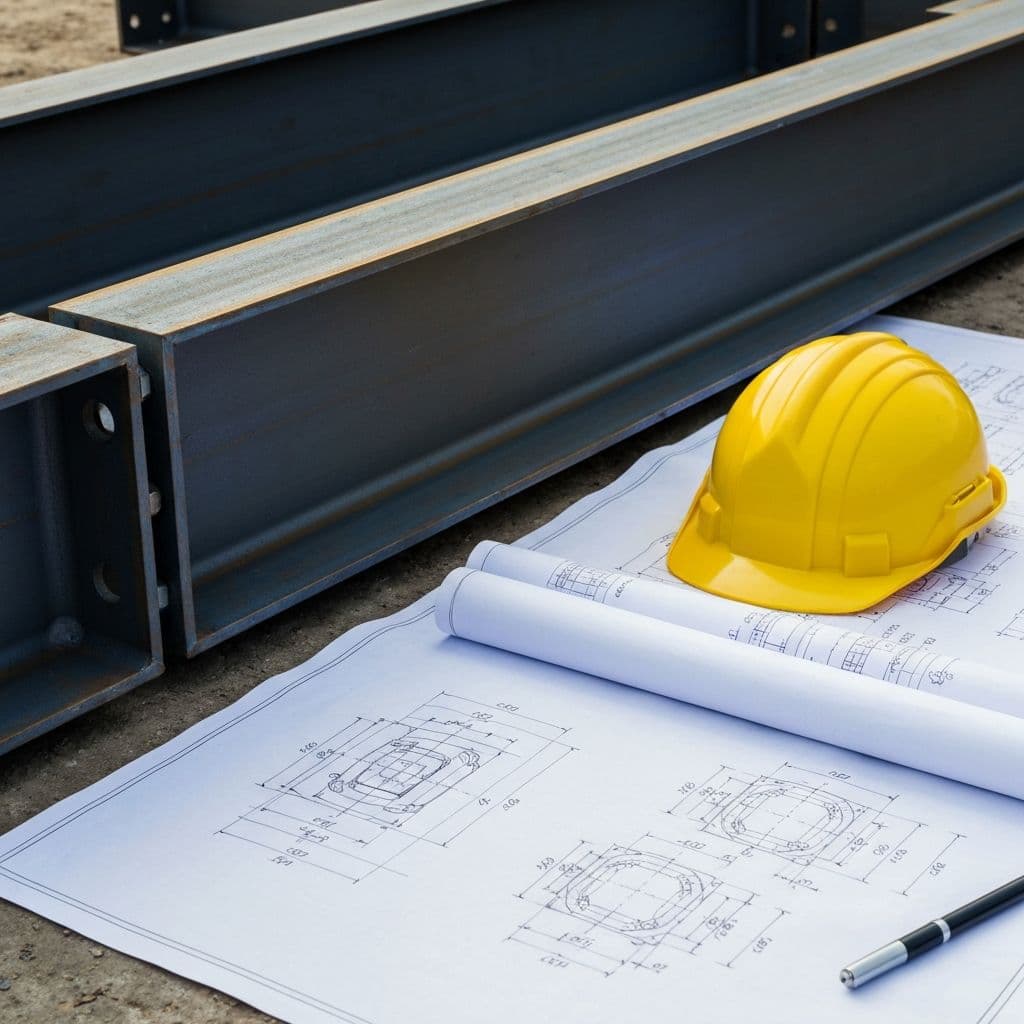 Structural engineering blueprint and steel beams